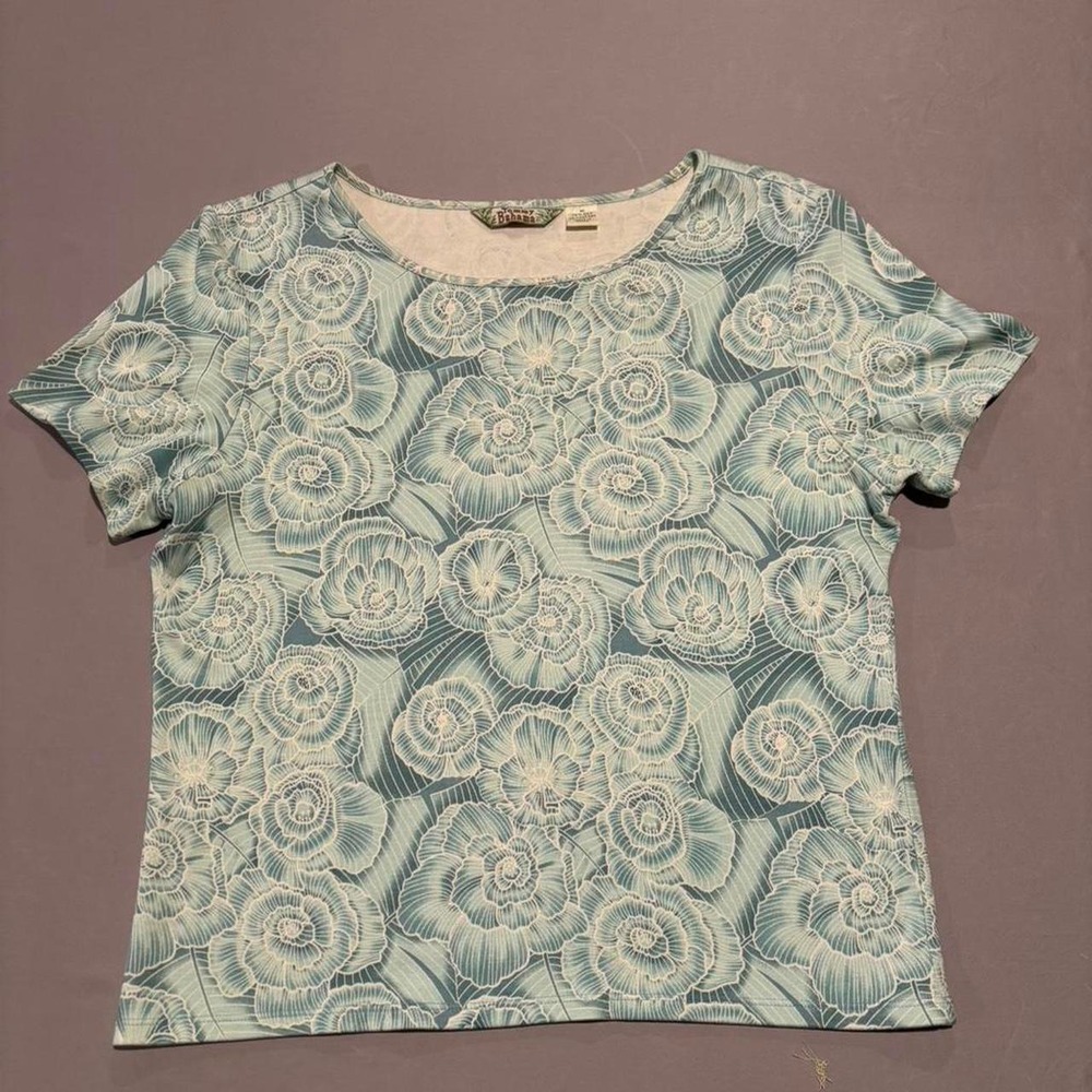 Tommy Bahama Silk Cotton Floral Top Women's Size M Blue Green Knit Tee